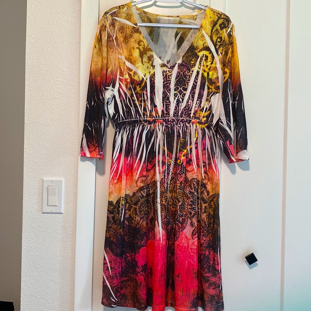 DNLA Sport Women's Multi Color Bling V Neck 3/4 Sleeve Knee Length Dress |Size L